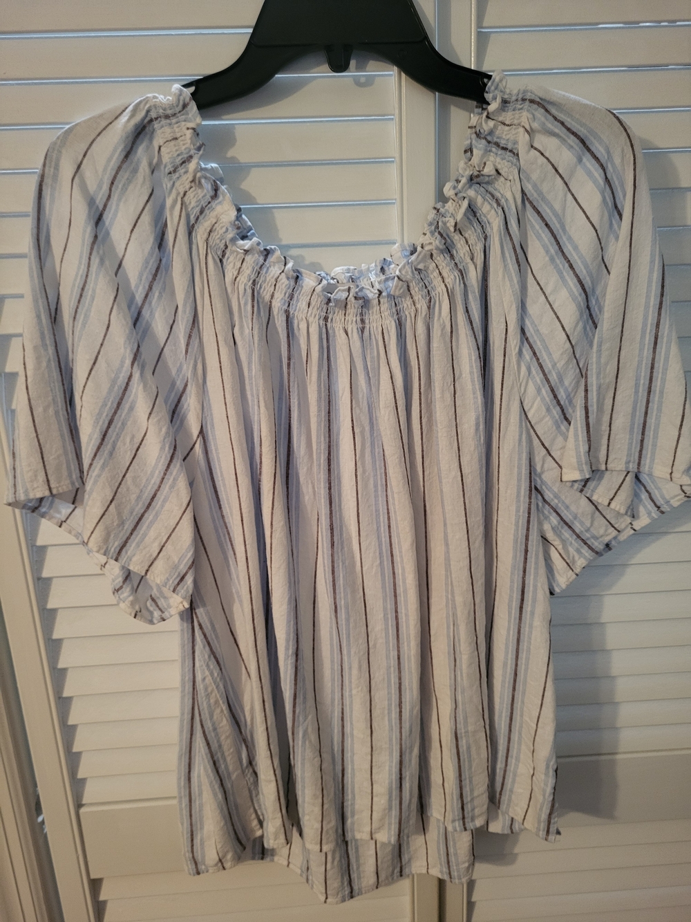 LOFT White and Navy Striped Off-Shoulder Peasant Blouse